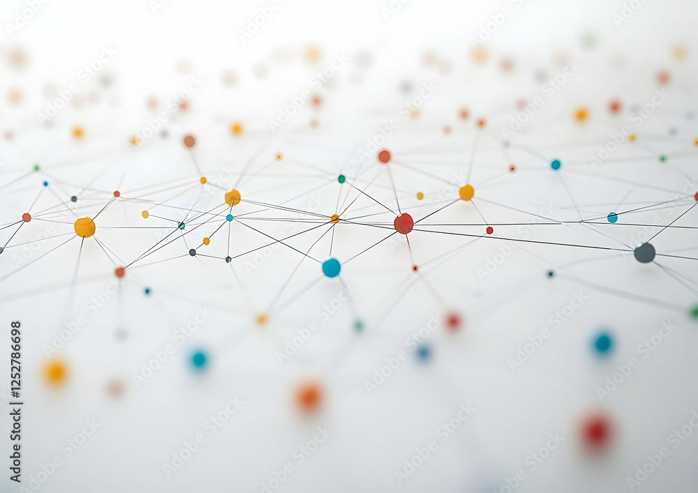 Poster a simple vector graphic of interconnected nodes with colored dots on a white background