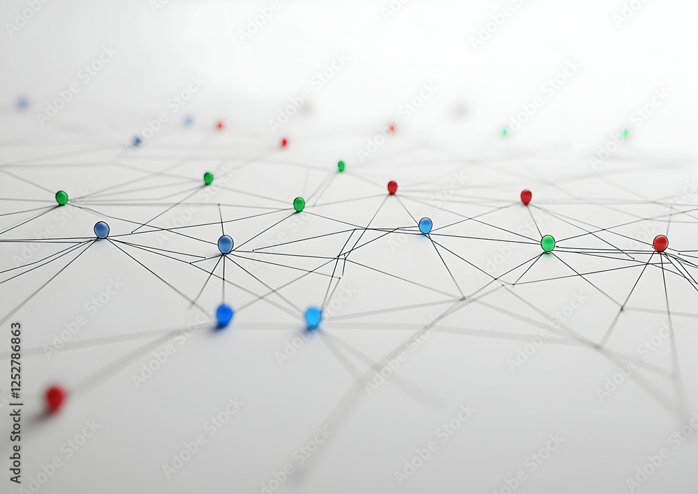Poster a simple vector graphic of interconnected nodes with colored dots on a white background
