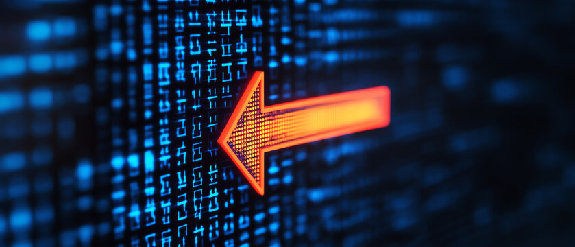 Red digital arrow pointing left on futuristic blue binary code background, concept of data and direction.