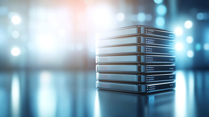 Stack of server units in data center, glowing with blue lights, depicting modern technology and digital storage.