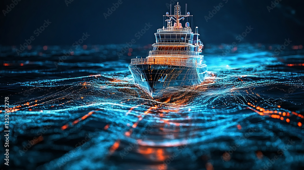 Poster futuristic ship navigating through glowing digital waves, showcasing advanced technology and real ti