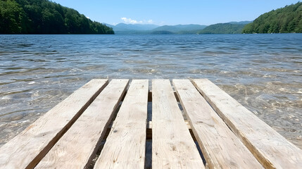 Fototapeta premium Calm lake, wooden dock, mountain view, summer day, travel scenery