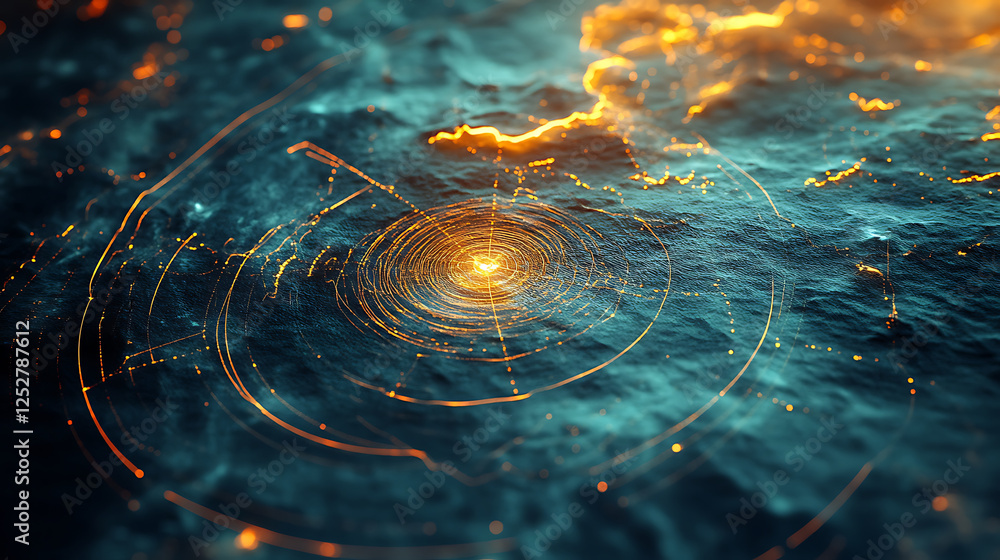 Poster abstract oceanic radar visualization with glowing circular patterns and vibrant colors, depicting hi
