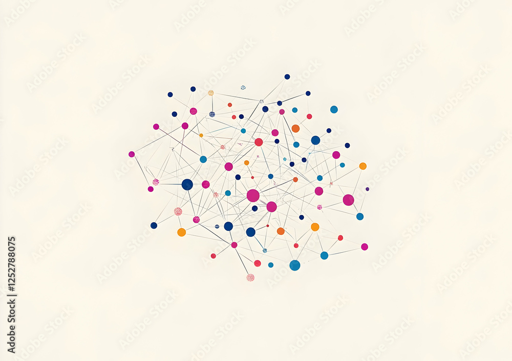 Poster a simple vector graphic of interconnected nodes with colored dots on a white background