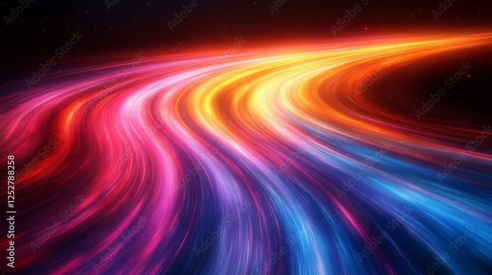 Poster vibrant colorful light trails in motion through dark space, abstract motion concept