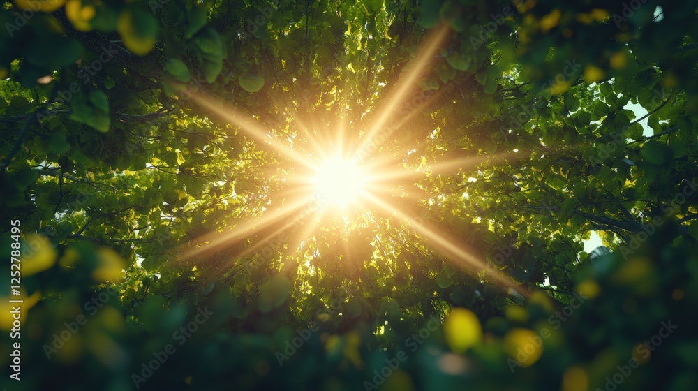 Poster sunlight filtering through leaves in a lush rainforest canopy creating beautiful natural patterns