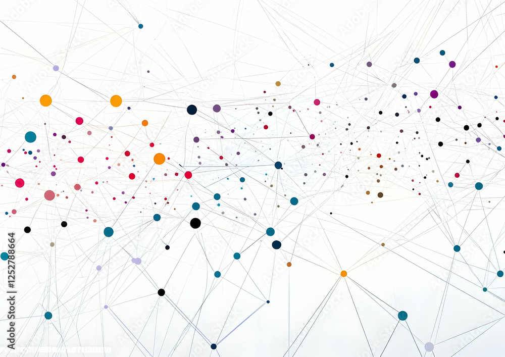 Poster a simple vector graphic of interconnected nodes with colored dots on a white background