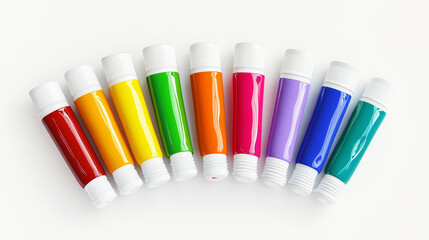 Fototapeta premium Set of paints tubes with blots top view, colorful palette with oil or acrylic dye in metal aluminium bottles with white screw caps isolated on transparent background, Realistic 3d vector illustration