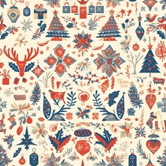 Seamless pattern of delicate Christmas-themed folk art on a light background
