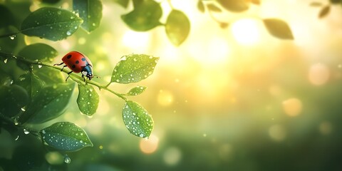 Soft green foliage blending into a glowing summer sky with a ladybug moving delicately along a dewy branch.