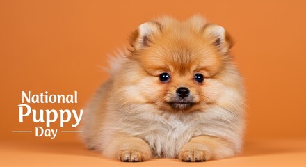 Pomeranian puppy celebrating National Puppy Day with adorable look against orange background with copy space