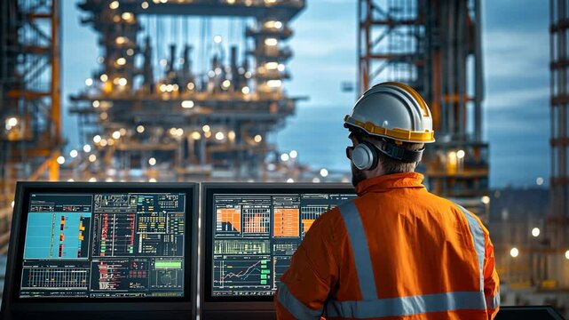 Oil and gas industry worker working at the control room of an oil production platform, seen from behind with computer screens displaying data , 