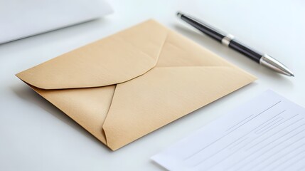 Brown Envelope and Pen on White Desk with Blank Note Paper