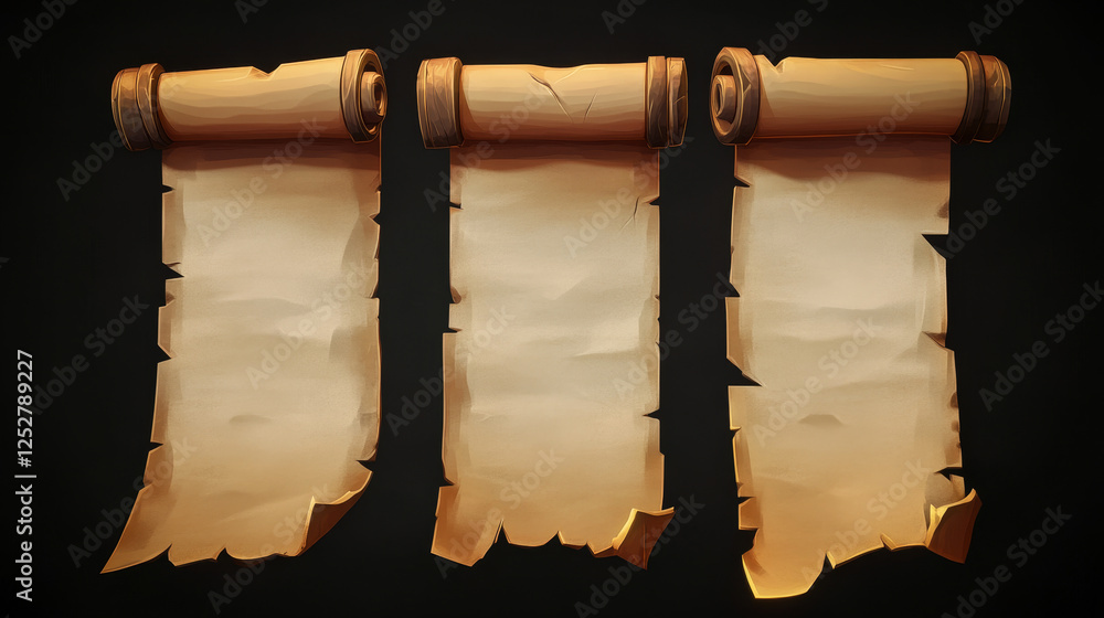 Poster old magic parchment paper scroll game ui icon. ancient medieval papyrus roll frame for fantasy fairy