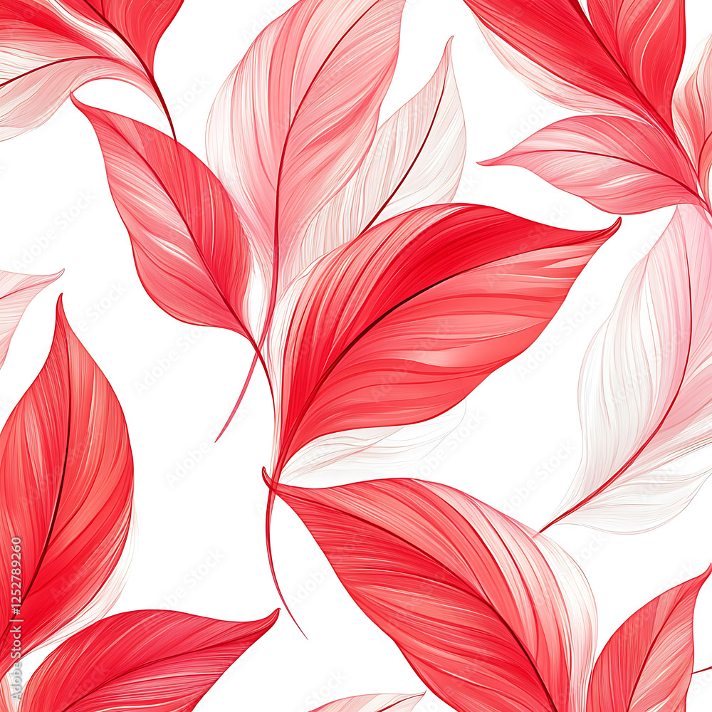 Poster seamless pattern of red and white leaves with elegant curves and textures, creating vibrant and live
