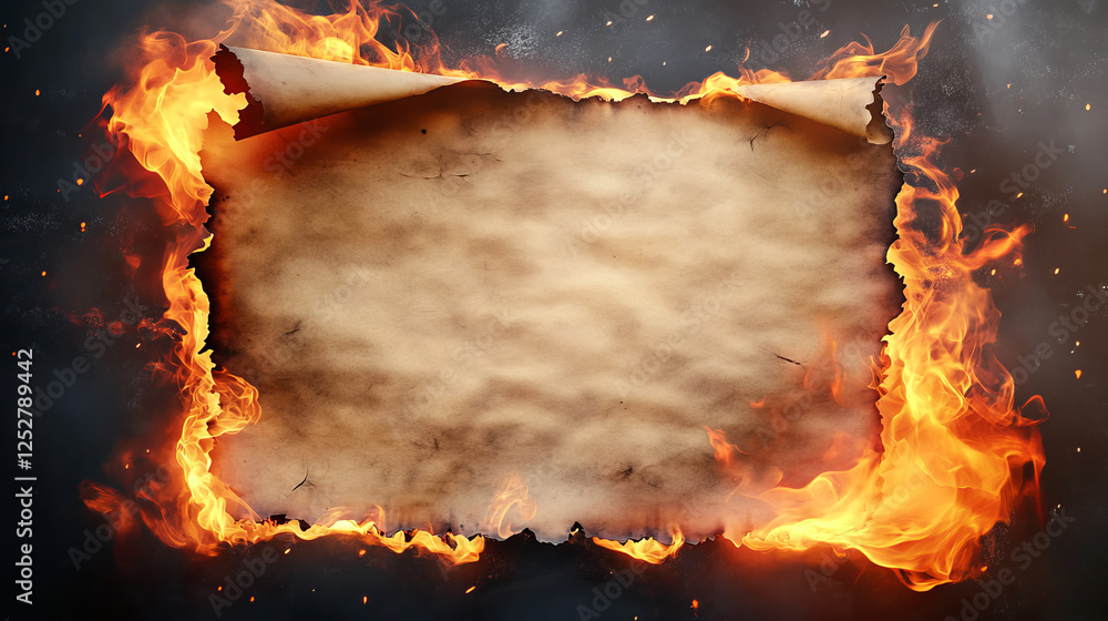 Poster burn paper borders, white burnt pages with smoldering fire on charred uneven edges, damaged parchmen