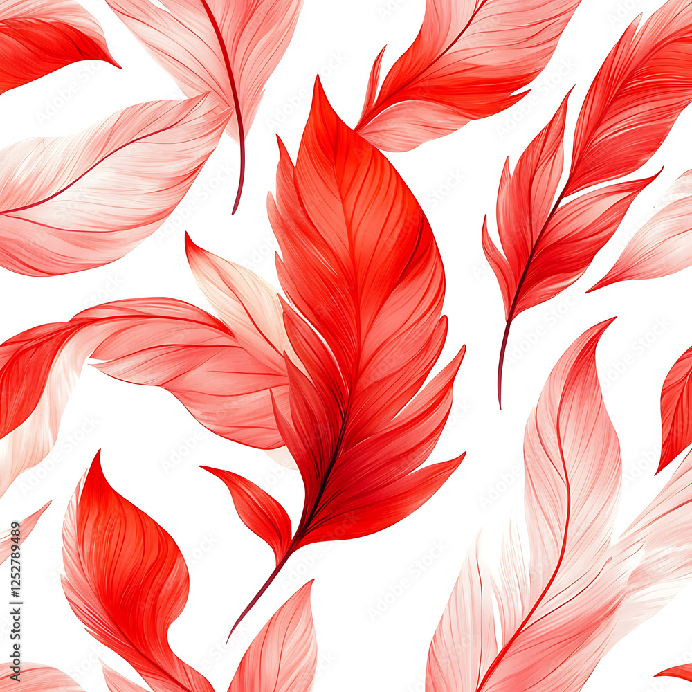 Poster seamless pattern of vibrant red feathers on white background, showcasing intricate details and dynam