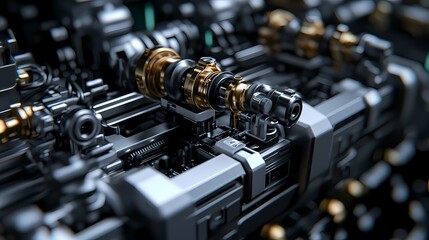 Naklejka premium A close-up of intricate metallic machinery, showcasing a blend of black components and golden accents, highlighting advanced engineering and design.