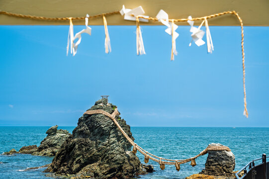 The Wedding Rocks or Okitama Jinseki,  Meoto Iwa are two sacred rocks and famous landmark in Ise bay view from Futami Okitama Shrine, in Ise City. Mie, Japan.