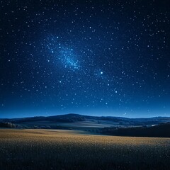 Naklejka premium A clear, starry night sky above a peaceful countryside landscape 