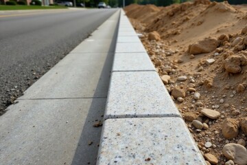 Newly Installed Granite Curbing Beside a Newly Paved Roadway During a Construction Project