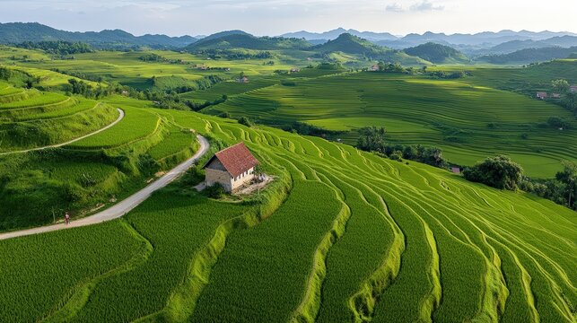 Small house in a green field surrounded by winding roads and vibrant green rice terraces - Powered by Adobe