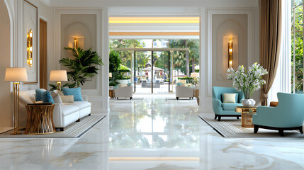  a luxurious hotel lobby with modern decor and elegant lighting