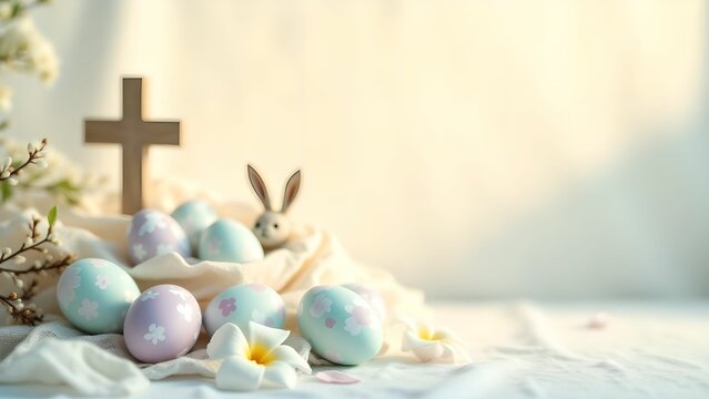 Colorful Easter eggs and decoration on a soft background with flowers and a cross in a spring setting