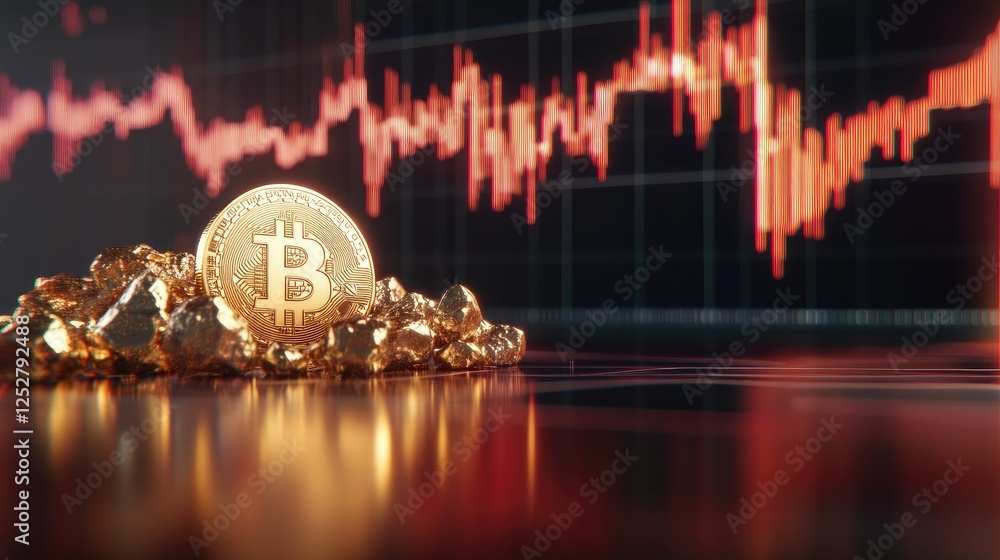 Poster a dynamic golden bitcoin in the foreground as a bullish stock chart climbs in the background.
