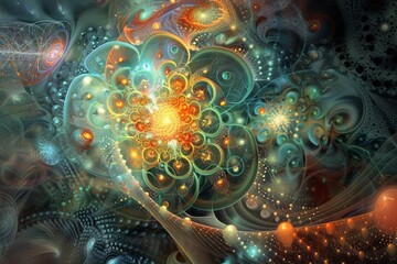 Nanoscale Quantum Physics Represented Through Vibrant Colors and Intricate Patterns in an Abstract Art Design Capturing the Essence of Subatomic Activity