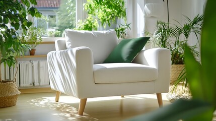 Modern White Armchair in Sunny Room with Plants - Biophilic Design