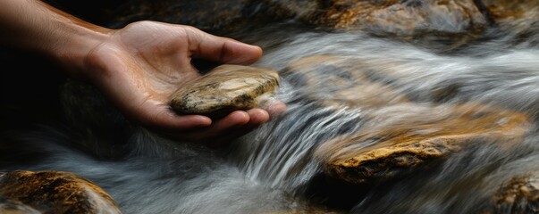 Hand holding a stone in a flowing stream, nature interaction concept