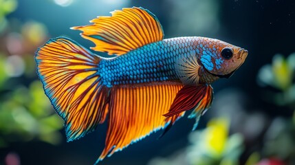 Fototapeta premium Vibrant Majesty, A Captivating Close-Up of a Betta Fish in Aquatic Serenity