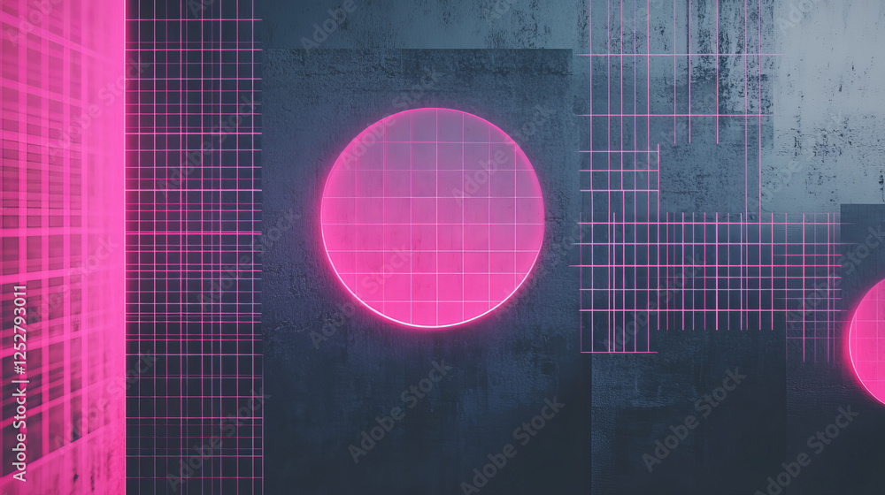 Aufkleber modern y2k design style poster with pink grid abstract geometric elements and typography on dark gre