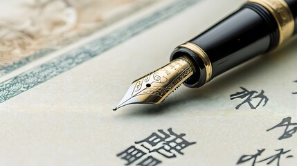 Elegant fountain pen poised over a certificate with ornate design