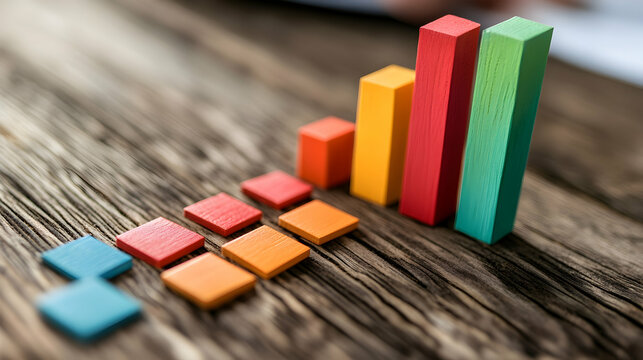 Colorful bar graphs arranged on a wooden surface, representing data visualization and financial analysis.
