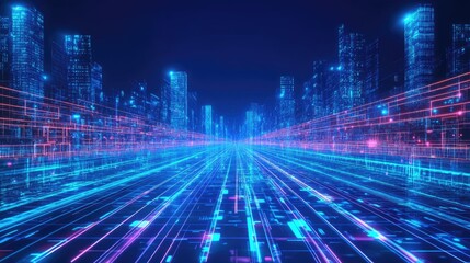 Fototapeta premium A futuristic city at dusk, illuminated by neon-blue grids and augmented reality projections.