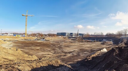 Construction Site with Tower Cranes and Earthworks Against a Blue Sky. Urban Development and Infrastructure Progress