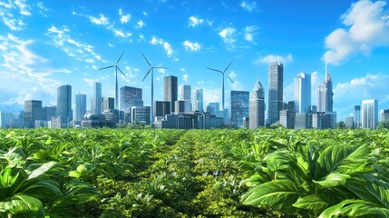 A futuristic city skyline with wind turbines, solar panels, and lush greenery symbolizing sustainable economic growth.