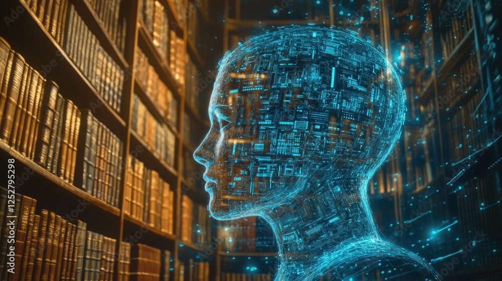 Poster a futuristic rendering of a machine-learning database contrasted against classic bookshelves.