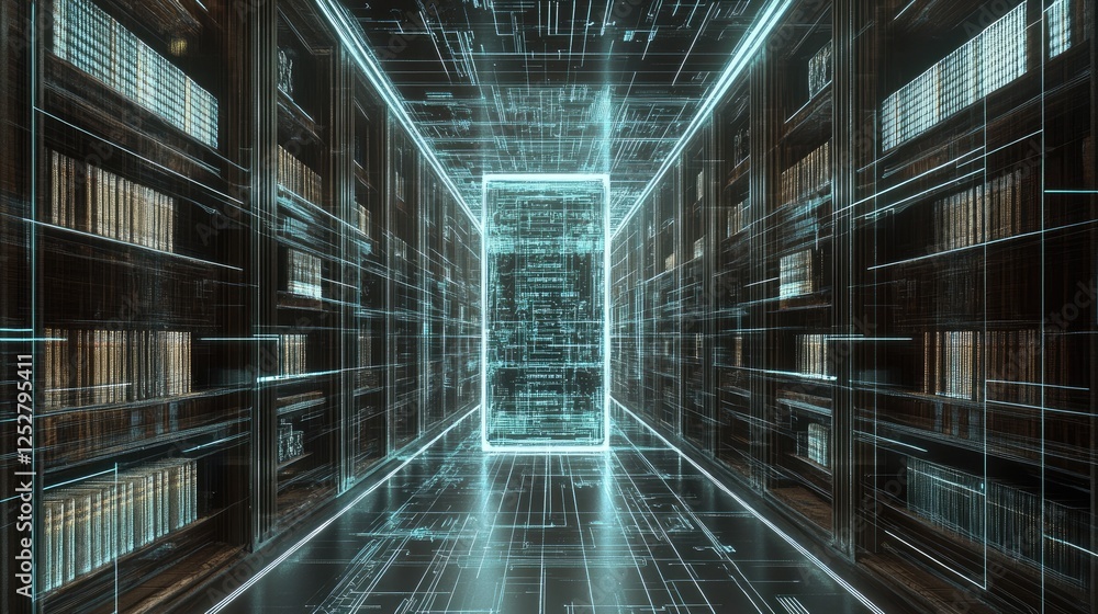Poster a futuristic rendering of a machine-learning database contrasted against classic bookshelves.