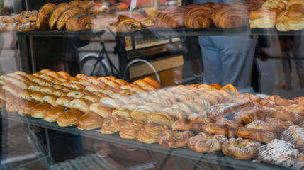 Freshly baked cream pastry products are displayed on a shelf in the small cafeteria in the city. Various artisan small breakfasts are sitting on a large shelf.