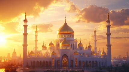 Majestic mosque at sunset with golden domes and towering minarets against a vibrant sky