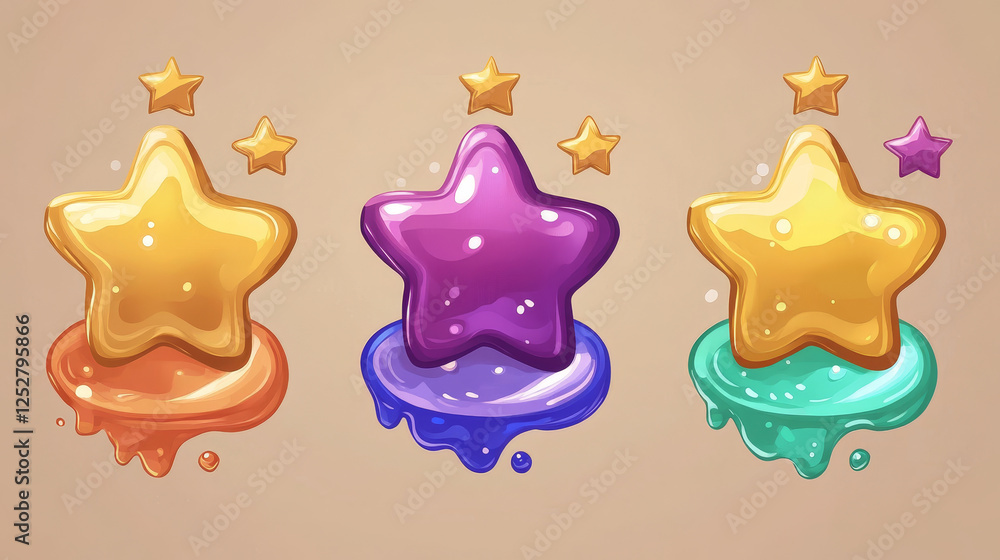 Poster game level blue badges with gold rating stars isolated on background. vector cartoon icons set of ac