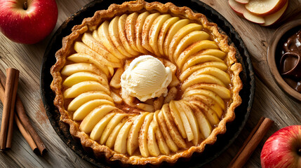 A classic apple pie with a lattice crust, topped with a dollop of whipped cream or ice cream in the center.
