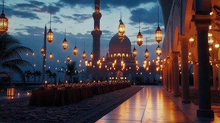 Evening gathering with ornate lanterns illuminating a lavish outdoor dining setup near a mosque
