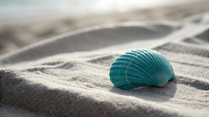 Obraz premium Minimalist Still Life: Teal Seashell on Grey Linen Ground Mat
