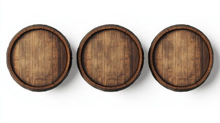 Wooden barrels for wine, beer or whiskey set top view. Realistic cask made of oak wood, keg for rum or cognac isolated on white background. Roll containers for liquid, realistic 3d vector clip art
