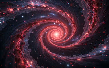 Obraz premium A swirling galaxy with red and white nebulas and a bright central light source