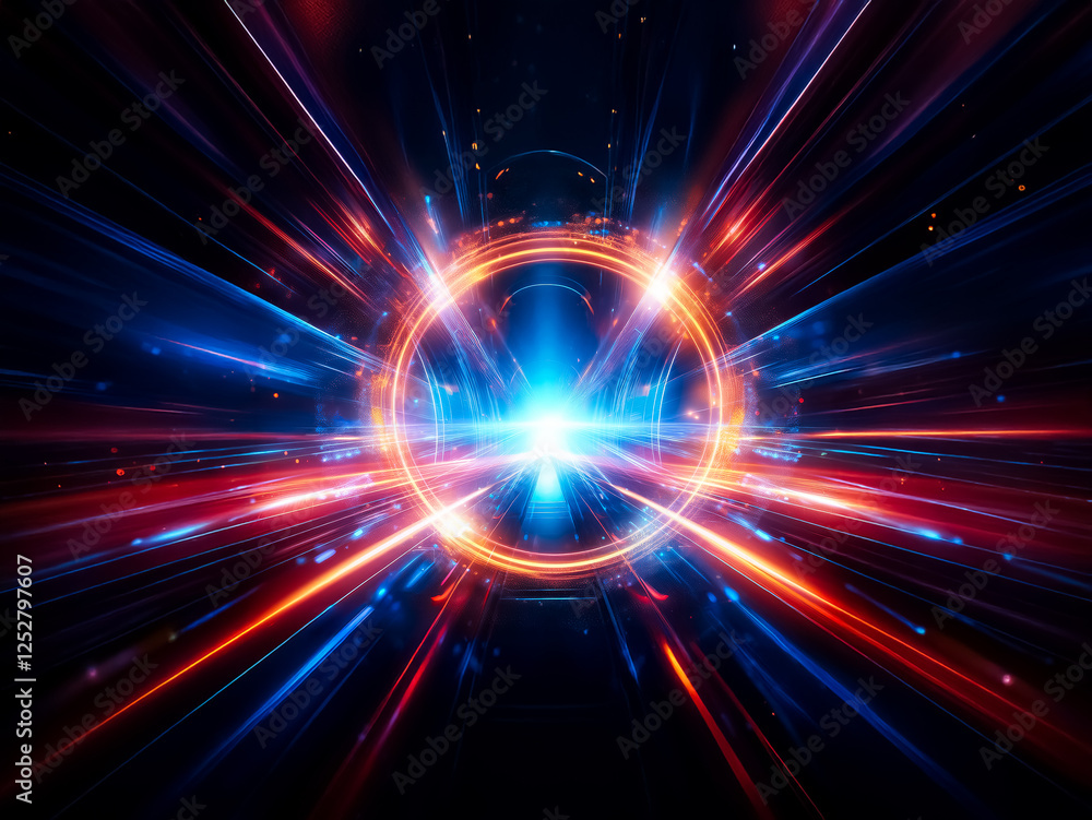 Poster Vibrant abstract image featuring a central glowing circle emitting dynamic red and blue light rays on a dark backdrop, creating a sense of speed and energy.